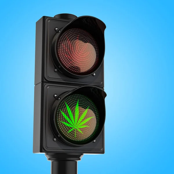 大麻合法化 大麻概念 带有绿色大麻叶的交通灯 — 图库照片