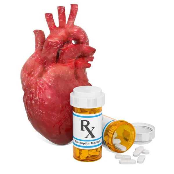 Концепція Серцевих Ліків Людське Серце Медичними Пляшками Таблетками Візуалізація Ізольовано — стокове фото