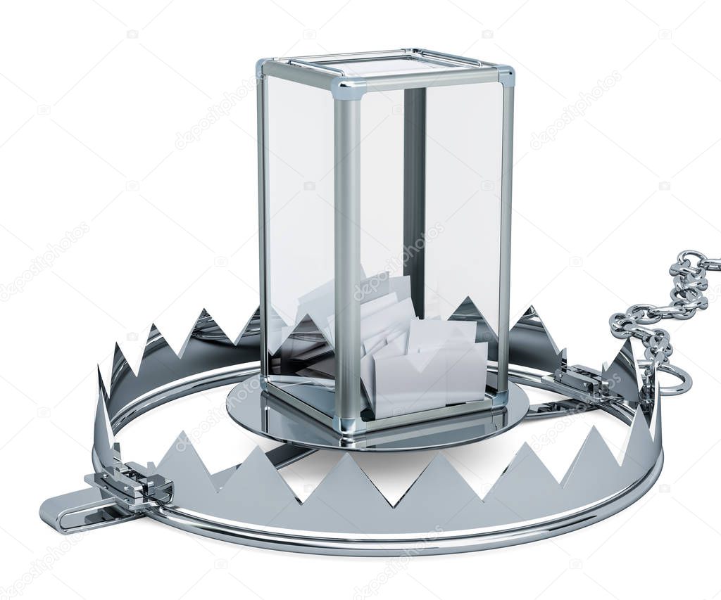 Ballot box inside bear trap. 3D rendering isolated on white background