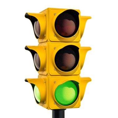 Yeşil renk, beyaz arka plan üzerinde izole 3d render ile sarı trafik ışık