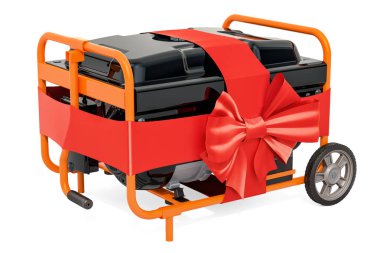 Çerçeve ile benzinli jeneratör ve jant şerit, ve yayla hediye kavramı. Beyaz arka plan üzerinde izole 3d render