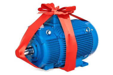 Yay ve şerit, Hediyelik konsepti ile endüstriyel elektrik motoru. Beyaz arka plan üzerinde izole 3d render