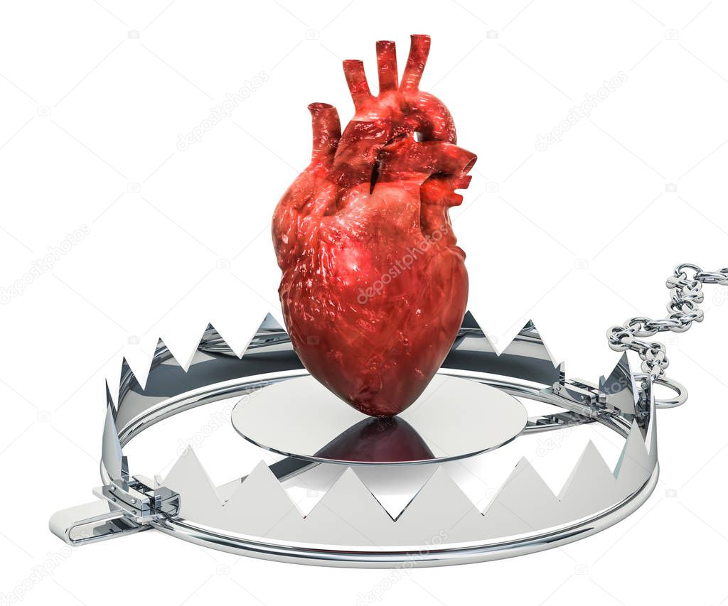 Heart Pain concept. Human heart inside bear trap. 3D rendering isolated on white background