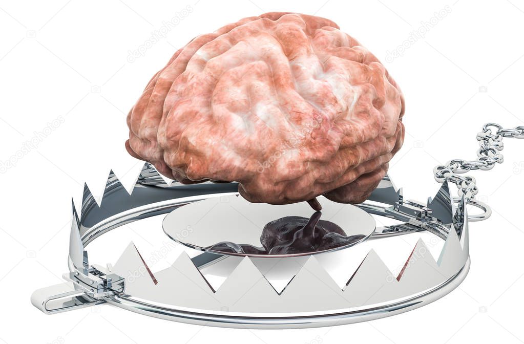 Human Brain inside bear trap, 3D rendering isolated on white background