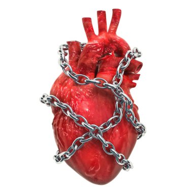 Kalp ağrısı kavramı. İnsan kalbi zinciri ile. Beyaz arka plan üzerinde izole 3d render