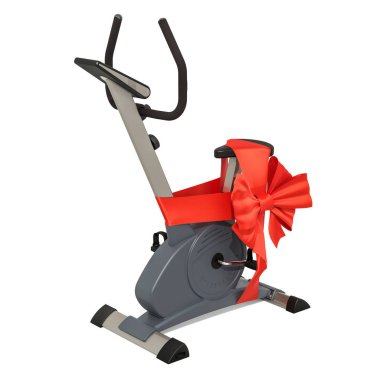 Yay ve şerit, Hediyelik konsepti ile sabit egzersiz bisikleti. Beyaz arka plan üzerinde izole 3d render
