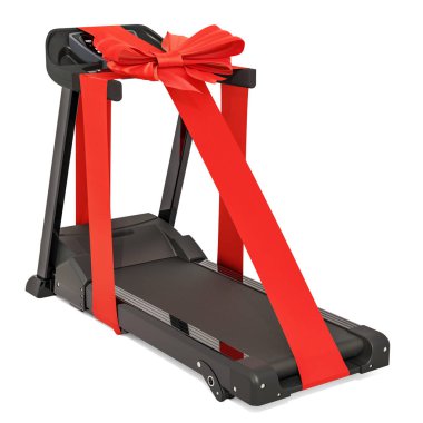 Koşu bandı yay ve şerit, Hediyelik konsepti ile. Beyaz arka plan üzerinde izole 3d render