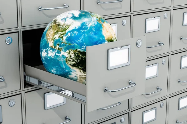 Earth Globe in filing cabinet. Global data storage, 3D rendering isolated on white background