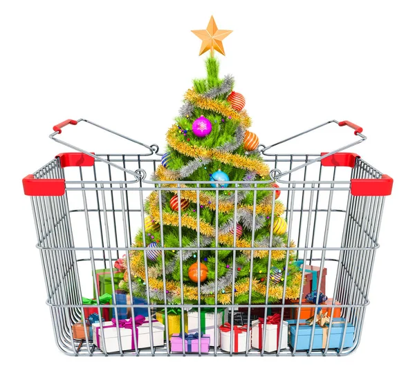 Jul Försäljning Och Shopping Koncept Med Shopping Korg Med Julgran — Stockfoto