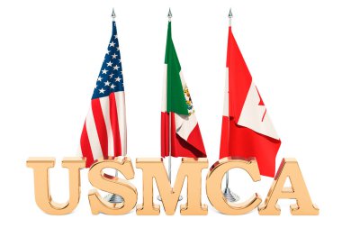 Amerika Birleşik Devletleri, Meksika ve Kanada, Usmca sözleşmesi kavramı bayrakları. 3D render