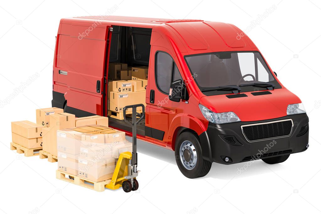 Freight transportation, delivery concept. Red delivery van with parcels and pallet truck with cardboard boxes, 3D rendering isolated on white background