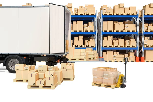 Delivery Truck Parcels Pallet Truck Cardboard Boxes Warehouse Rendering — Stock Photo, Image