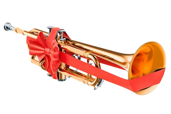 Trompette Avec Arc Ruban Concept Cadeau Rendu Isolé Sur Fond — Photo
