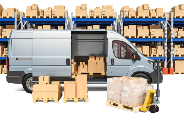 Warehouse Delivery Van Parcels Pallet Truck Cardboard Boxes Rendering — Stock Photo, Image