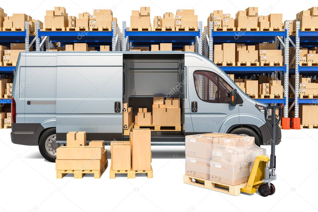 Warehouse, delivery van with parcels and pallet truck with cardboard boxes. 3D rendering