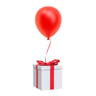 Hediye kutusunda mavi gökyüzü ile balon. Beyaz arka plan üzerinde izole 3d render