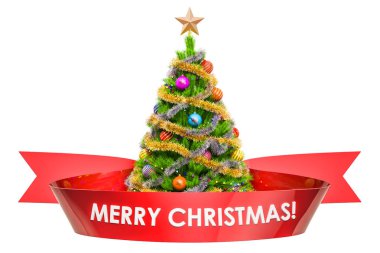 Neşeli Noel kavramı ile Noel ağacı ve 3d render beyaz arka plan üzerinde izole kırmızı şerit üzerinde metin