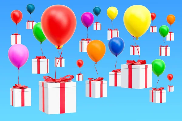 Multicolored Balloons Gifts Blue Sky Rendering — Stock Photo, Image