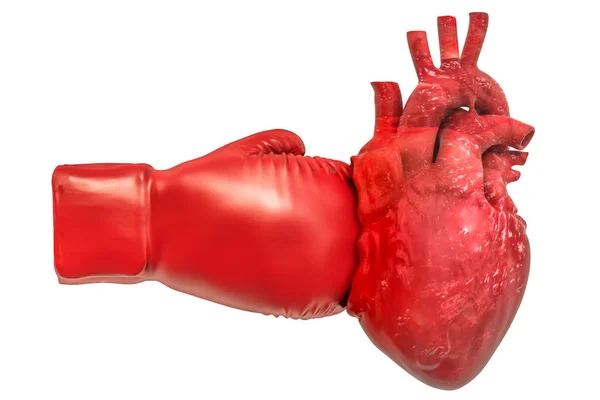 Dolor Corazón Concepto Enfermedad Cardíaca Corazón Humano Con Guante Boxeo —  Fotos de Stock