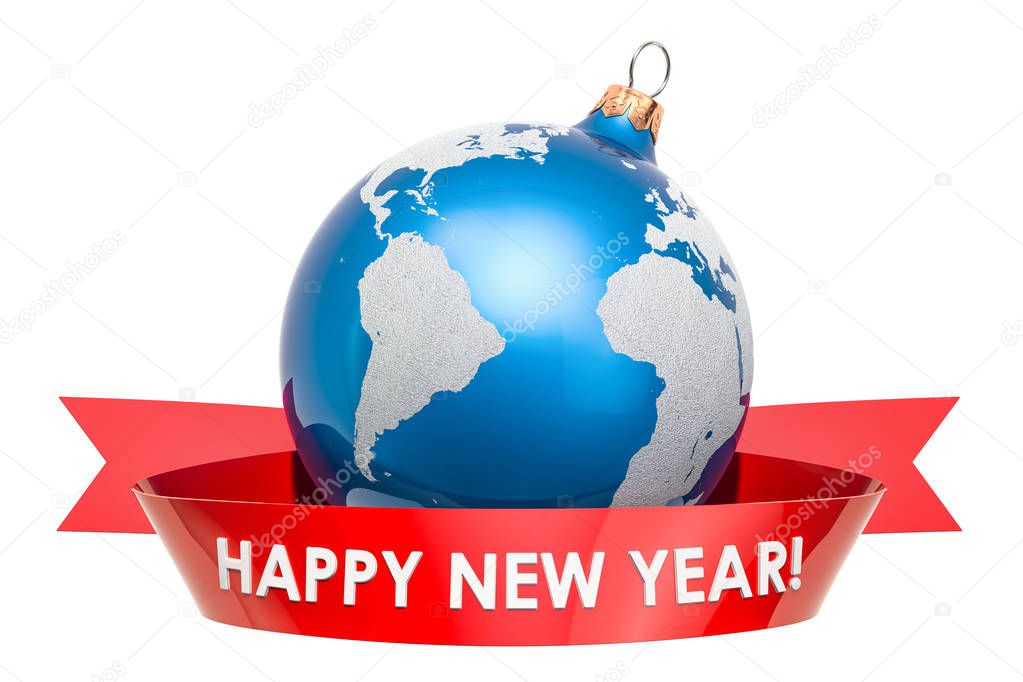 Happy New Year with Christmas ball shaped as Earth Globe with text on the red ribbon, 3D rendering