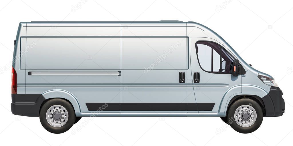 Commercial delivery van, side view. 3D rendering isolated on white background