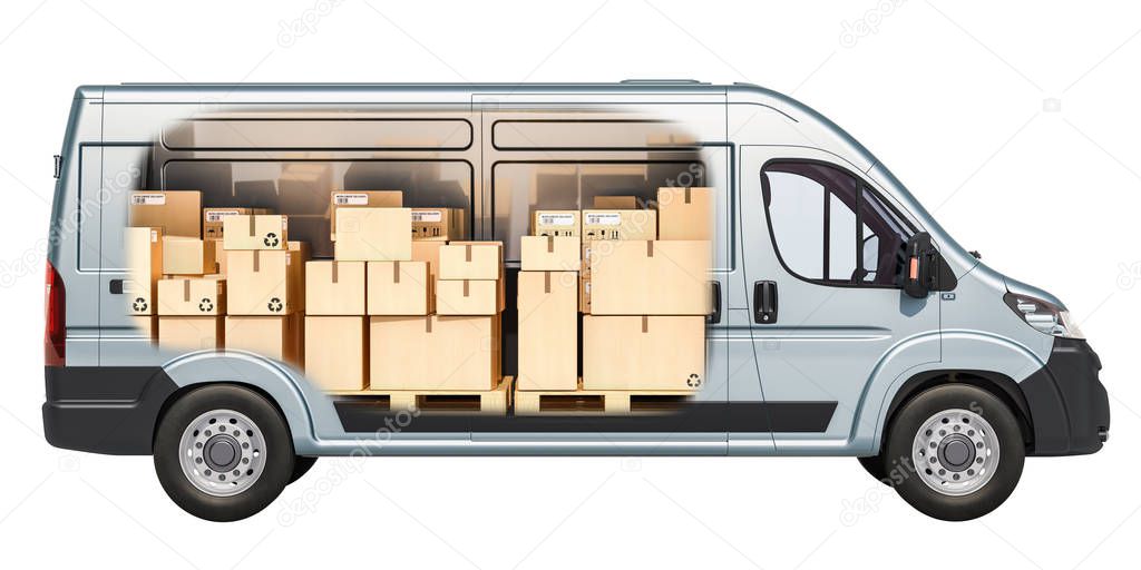 Commercial delivery van with parcels, cardboard boxes inside. Freight transportation, delivery concept. 3D rendering