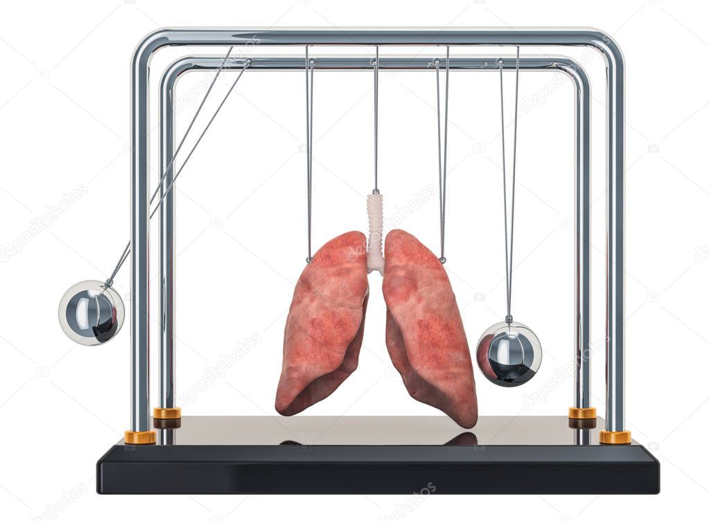 Pain in lungs, lungs disease concept. Newton's cradle with heart. 3D rendering isolated on white background