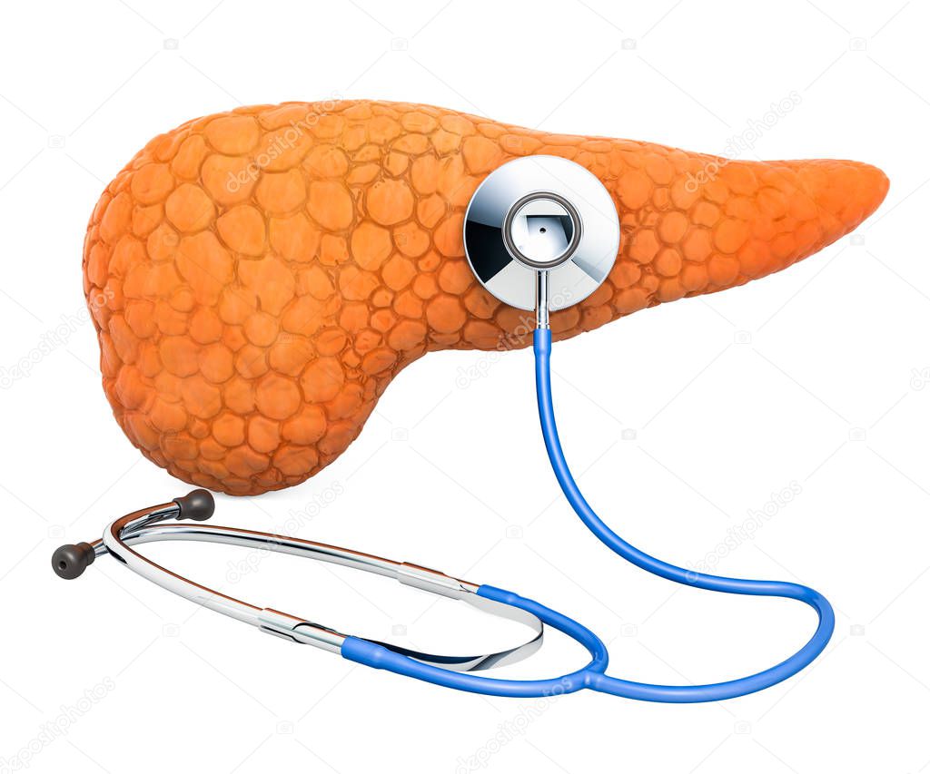 Human pancreas with stethoscope. Research and diagnosis of pancreatic concept, 3D rendering isolated on white background