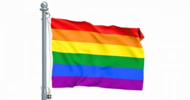 Gökkuşağı bayrağı Lgbt beyaz zemin üzerine, animasyon sallayarak bayrak. 3D render