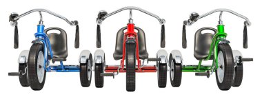 Renkli Çocuk bisikletler, 3d render beyaz arka plan üzerinde izole kümesi 