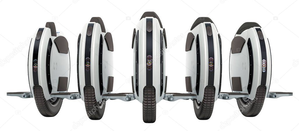 Row from electric unicycles, 3D rendering isolated on white background
