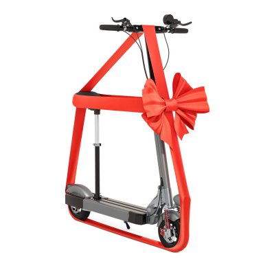 Şerit ve yay, Hediyelik konsepti ile elektrik tekme scooter. 3D render