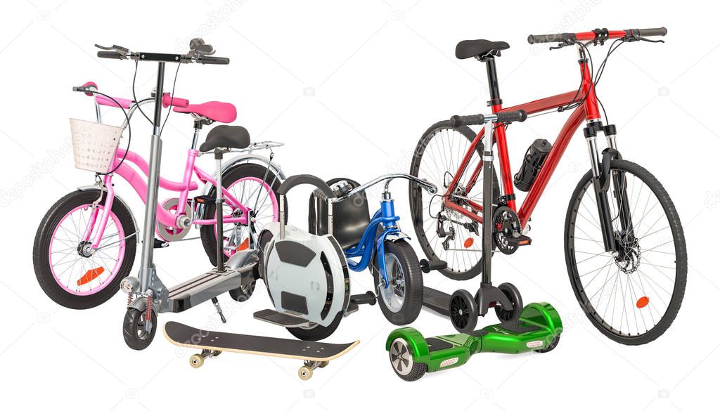 Children's tricycle, bicycle, adult bike, electric unicycle, electric kick scooter, skateboard and self-balancing scooter. 3D rendering