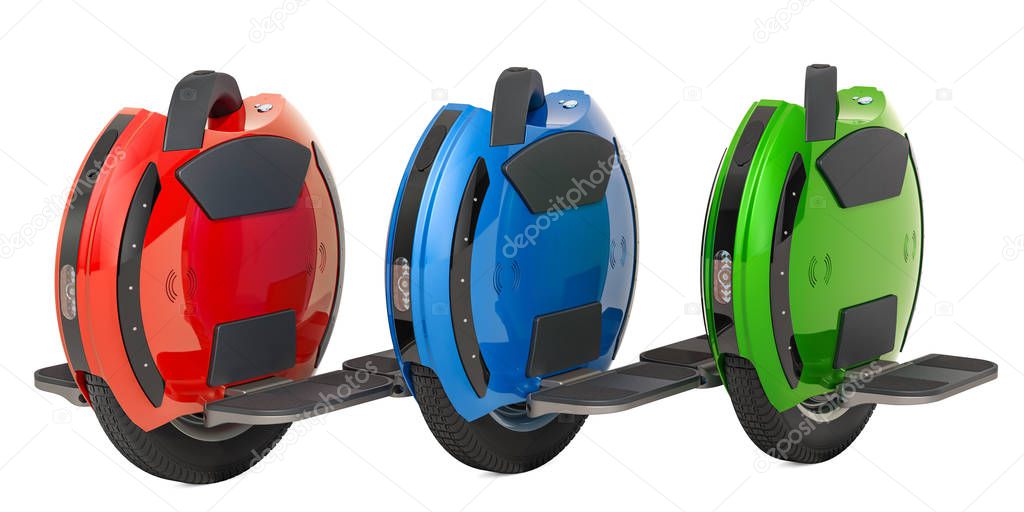 Set of colored electric unicycles, 3D rendering isolated on white background