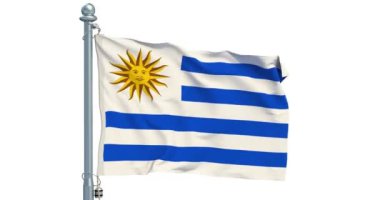 Uruguaylı bayrak beyaz zemin üzerine, animasyon sallayarak. 3D render