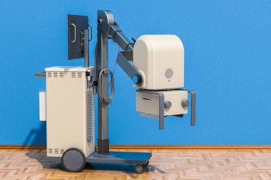 Odada ahşap zemin, 3d render üzerinde mobil röntgen cihazı 