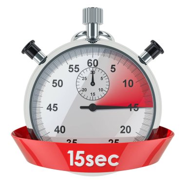 Kronometre ile 15 saniye zaman. Beyaz arka plan üzerinde izole 3d render