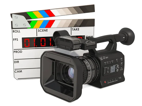 Mozi Koncepció Professzionális Videó Kamera Digitális Clapperboard Rendering Elszigetelt Fehér — Stock Fotó