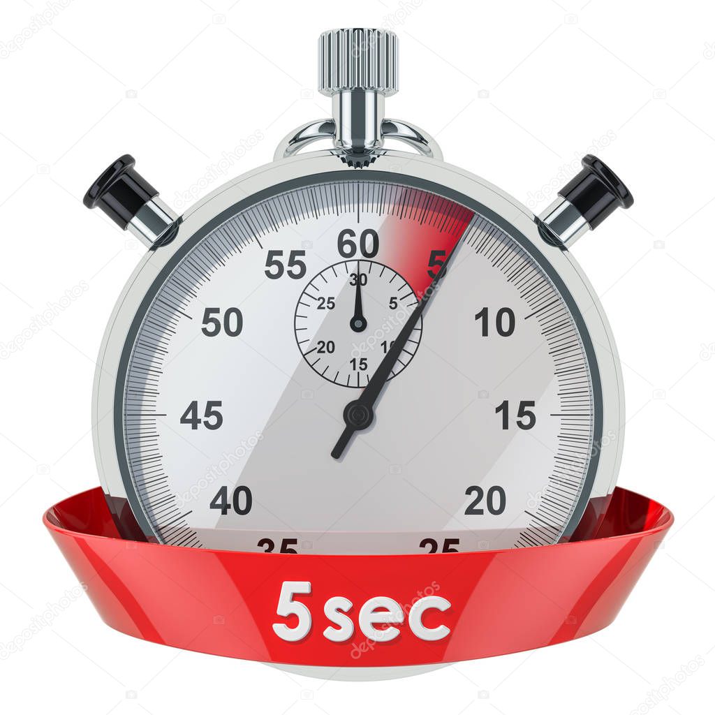 Stopwatch with 5 seconds timer. 3D rendering isolated on white background