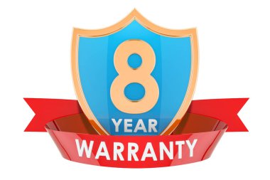 8 yıl garanti kalkan, rozet. Beyaz arka plan üzerinde izole 3d render