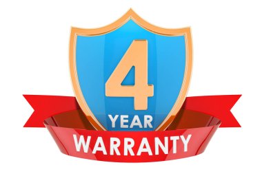 4 yıl garanti kalkan, rozet. Beyaz arka plan üzerinde izole 3d render