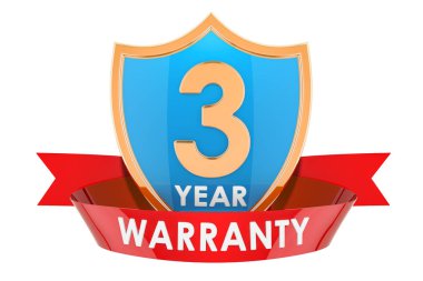 3 yıl garanti kalkan, rozet. Beyaz arka plan üzerinde izole 3d render