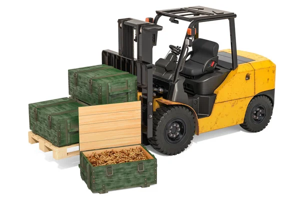 Askeri Ahşap Mühimmat Tüfek Mermi Render Dolu Kutular Ile Forklift — Stok fotoğraf