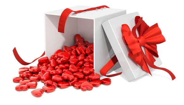 Pudełko Czerwone Serca Koncepcja Walentynki Renderowania Białym Tle — Zdjęcie stockowe