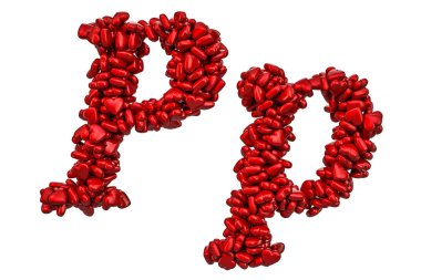 Cursive P harfi kırmızı kalpler, büyük ve küçük harfler. Beyaz arka plan üzerinde izole 3d render