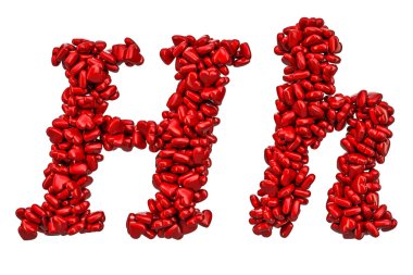 Cursive H harfi kırmızı kalpler, büyük ve küçük harfler. Beyaz arka plan üzerinde izole 3d render