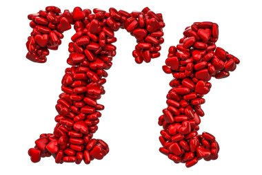 Cursive T harfi kırmızı kalpler, büyük ve küçük harfler. Beyaz arka plan üzerinde izole 3d render