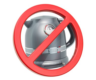 Elektrikli su ısıtıcısı işaretiyle yasak. Beyaz arka plan üzerinde izole 3d render