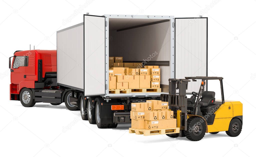 Lorry with parcels and forklift truck with cardboard boxes. Freight transportation, delivery concept, 3D rendering isolated on white background