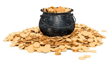 Pot full of golden coins, 3D rendering isolated on white background